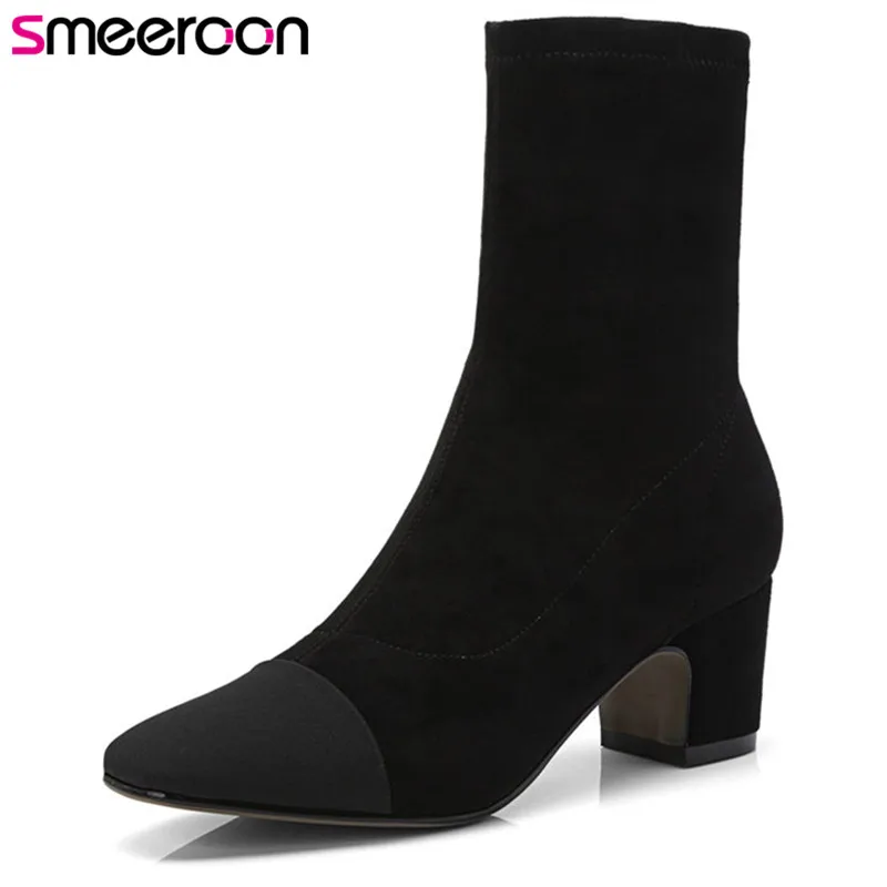 

Smeeroon 2018 fashion autumn boots women round toe high heels ankle boots slip on high quality stretch fabric boots black