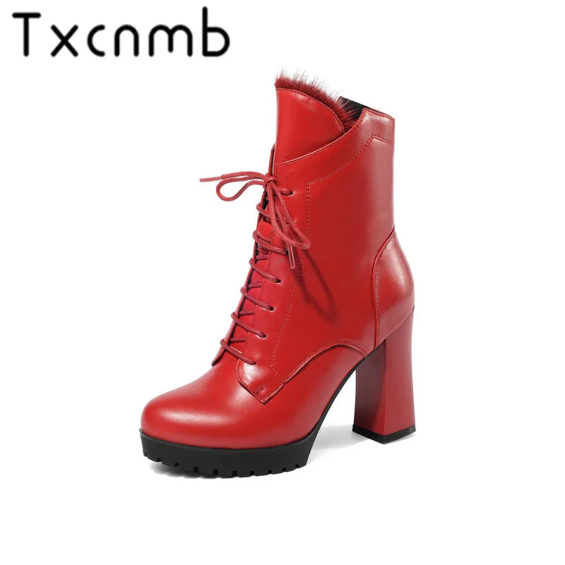

TXCNMB Ankle Boots Women Platform Cow Leather High Female Booties Round Toe High Heel Black Winter Shoes Woman Szie 40