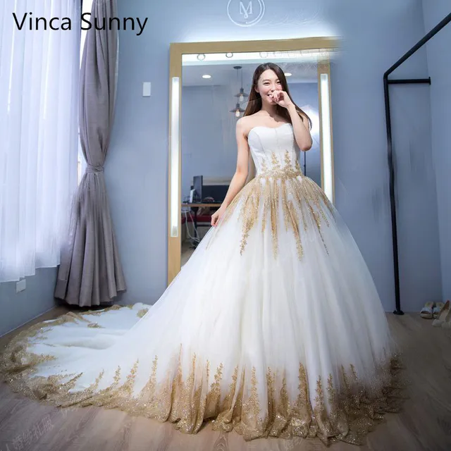 2019 Luxury Indian Wedding Dresses White Gold Applique