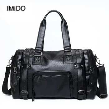

IMIDO 2018 High Quality Leather Bag Men Travel Luggage Bags Handbag Black Shoulder Bag Male Crossbody Duffel Bag Large HDG061