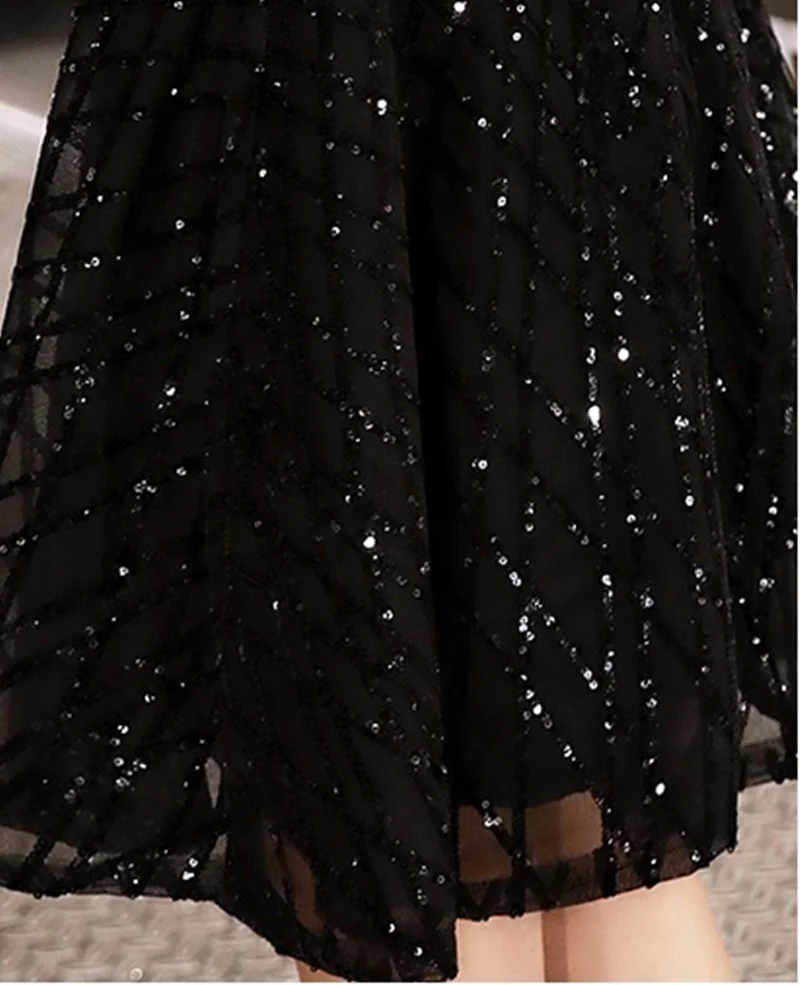Черное платье с блестками, короткое коктейльное платье с длинным рукавом, пышные платья для выпускного вечера, коктейльные платья, вечерние платья TS534