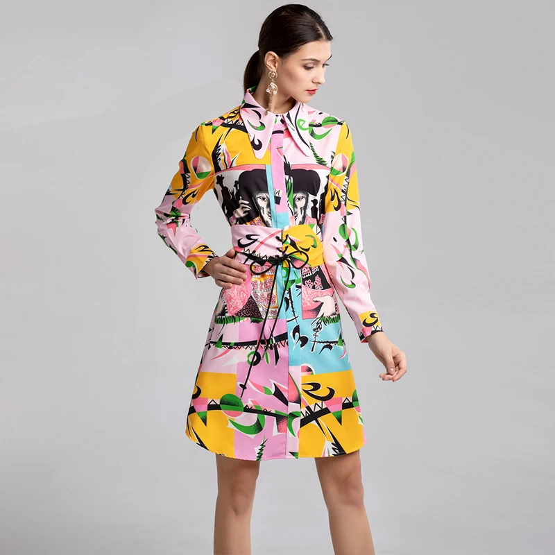 

Fashion Designer Dress New 2019 Spring Summer Women Long Sleeve Turn-down Collar Colorful Print Slim Waist Short Dress + Belt