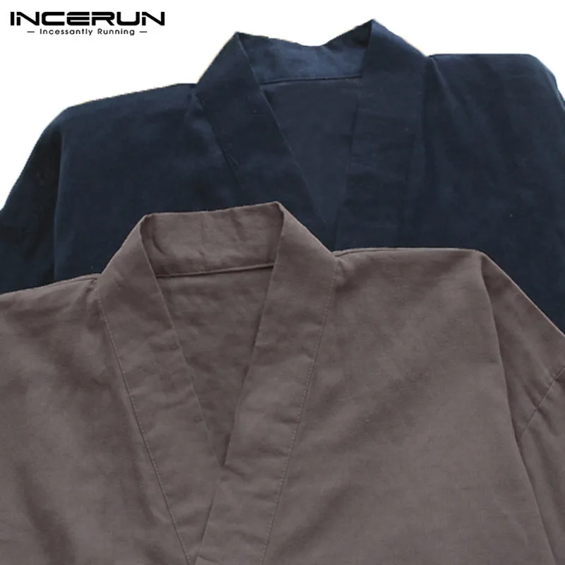 INCERUN японский стиль хлопок для мужчин комплект кимоно домашний пижамный комплект Топы Брюки Твердые кунг-фу пижамы Винтаж мужская одежда L-5XL