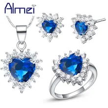 Almei Синий Розовый Сердце Ювелирные наборы для женщин Свадебное с кристаллами серьги ювелирный серебристый цвет ожерелье кольцо siraden T475