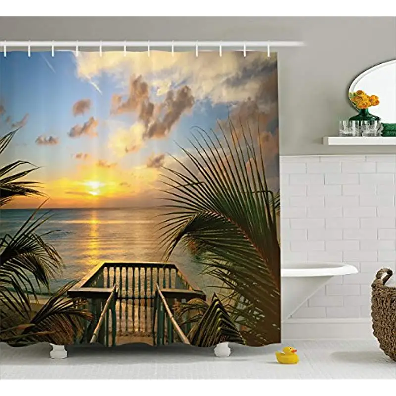 

Vixm Farm House Shower Curtain Mediterranean Horizon Sea from Wooden Terrace Balcony Fences Holiday Life Fabric Bath Curtains