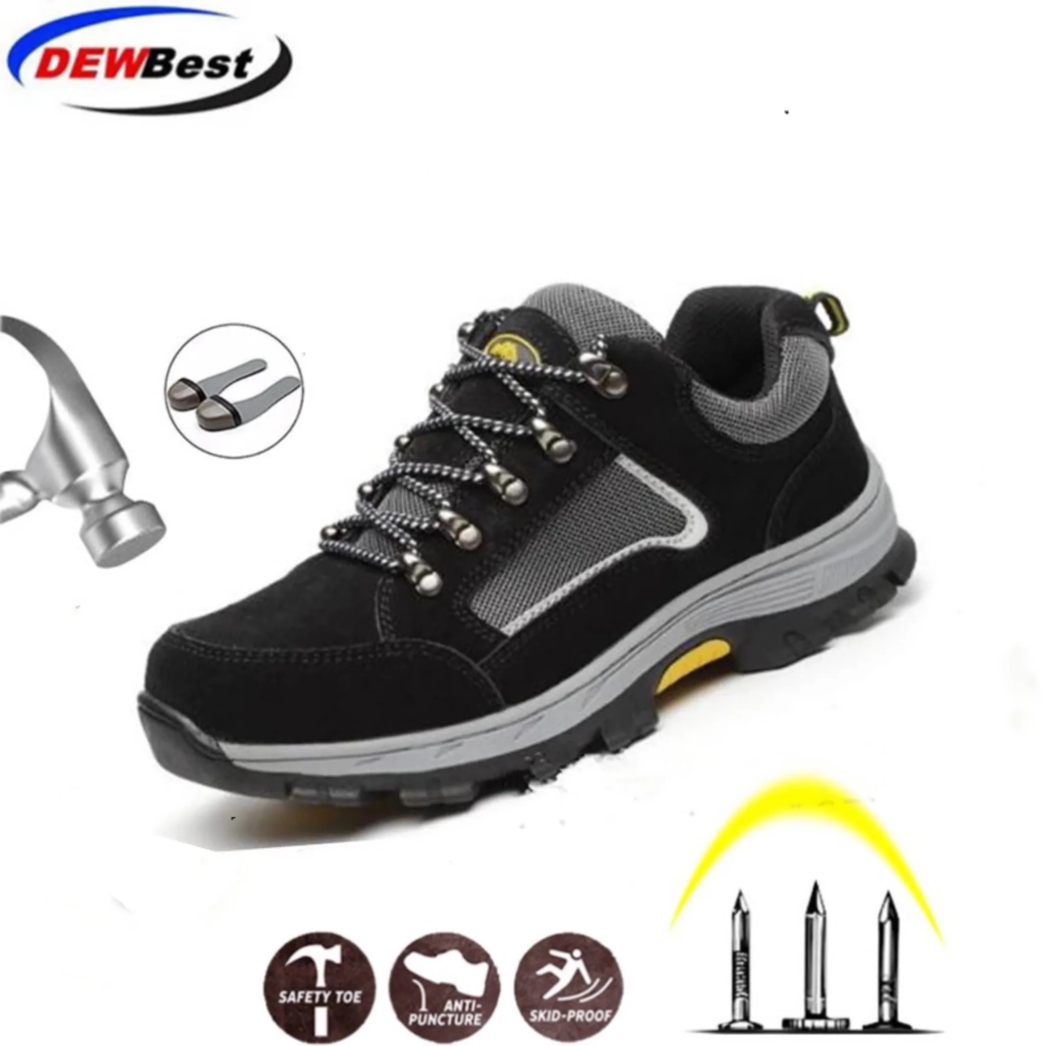 DEWBEST Men's Steel Toe Work Safety Shoes Lightweight Breathable Anti-smashing Anti-puncture Non-slip Reflective Casual Sneaker