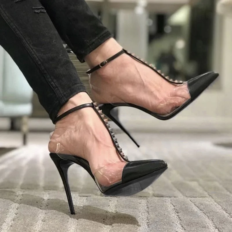 

High-end Cow Leather Clear PVC Patchwork Woman Pumps Pointed Toe Rivets T-strap Black Nude Gold Pumps Stiletto High Heels Shoes