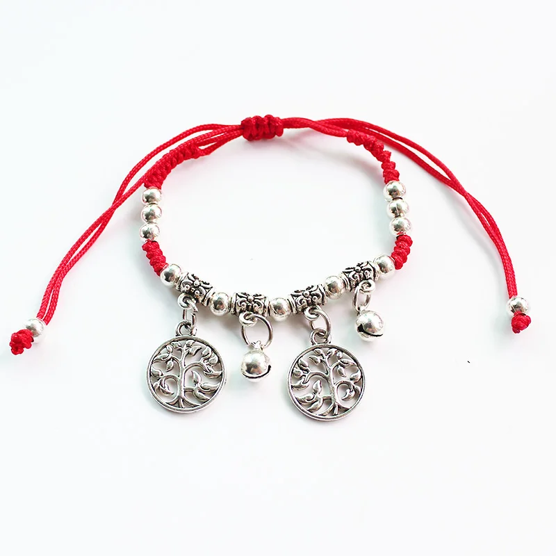 

Fashion Red String Thread Braided Rope Bracelets For Little Girls Kids Tree Shell Leaf Charm Bracelet Tibetan Silver Jewelry