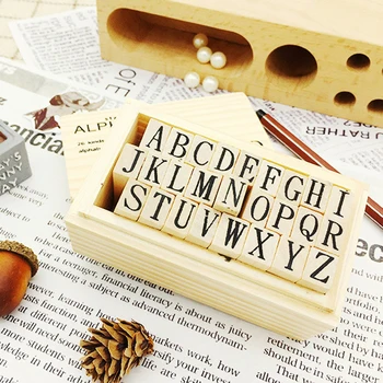 

26pcs Wooden Alphabet Letters Rubber Stamps Upper Case Stamp Set Craft DIY Hand Writing Stamp Wood Stamp with Wooden Box