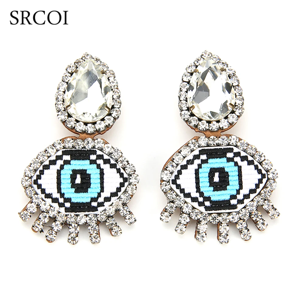 

SRCOI Funny Blue Evil Eye Crystal Clip Earrings Big Expression Emoji Embroidery Rhinestone Earrings Without Piercing No Hole