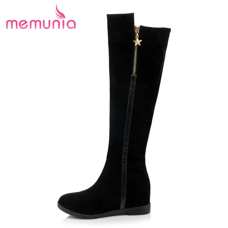 

MEMUNIA 2018 NEW fashion pointed toe knee high boots for women zipper flock height increasing boots winter boots BIG SIZE 33-43