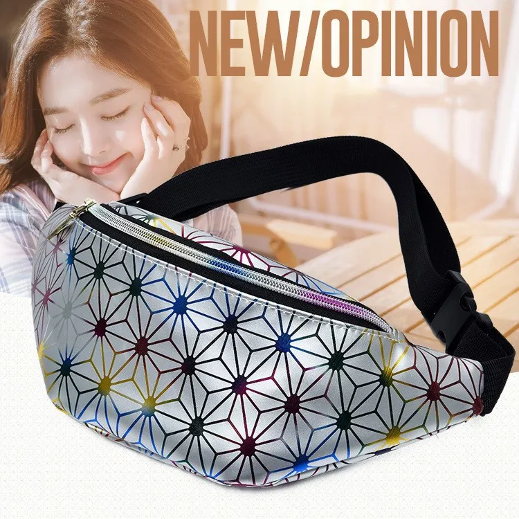 

New laser Waist Bag PU Female designer fanny pack Belt Bag Chest Handbag Black Geometric Ladies Waist Pack Belly Bags Purse