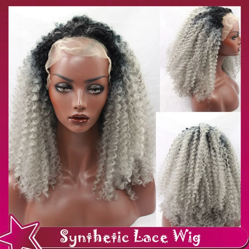Afro kinky curly ombre black/grey synthetic actural picture dark roots