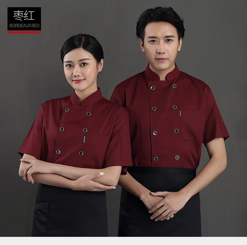 Chef Waiter Uniform Short Sleeve Solid Color Cook Shirt Kitchen Restaurant Hotel Barbershop Pastry Work Clothes Free Scarf Gift