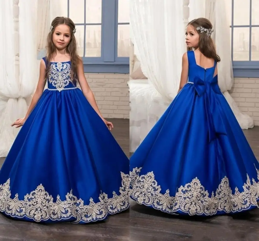 

Royal Blue Long Summer Girl Dresses Big Bow Flower Girl Dresses 2019 Gold Applique Girls Pageant Dress First Communion Dresses