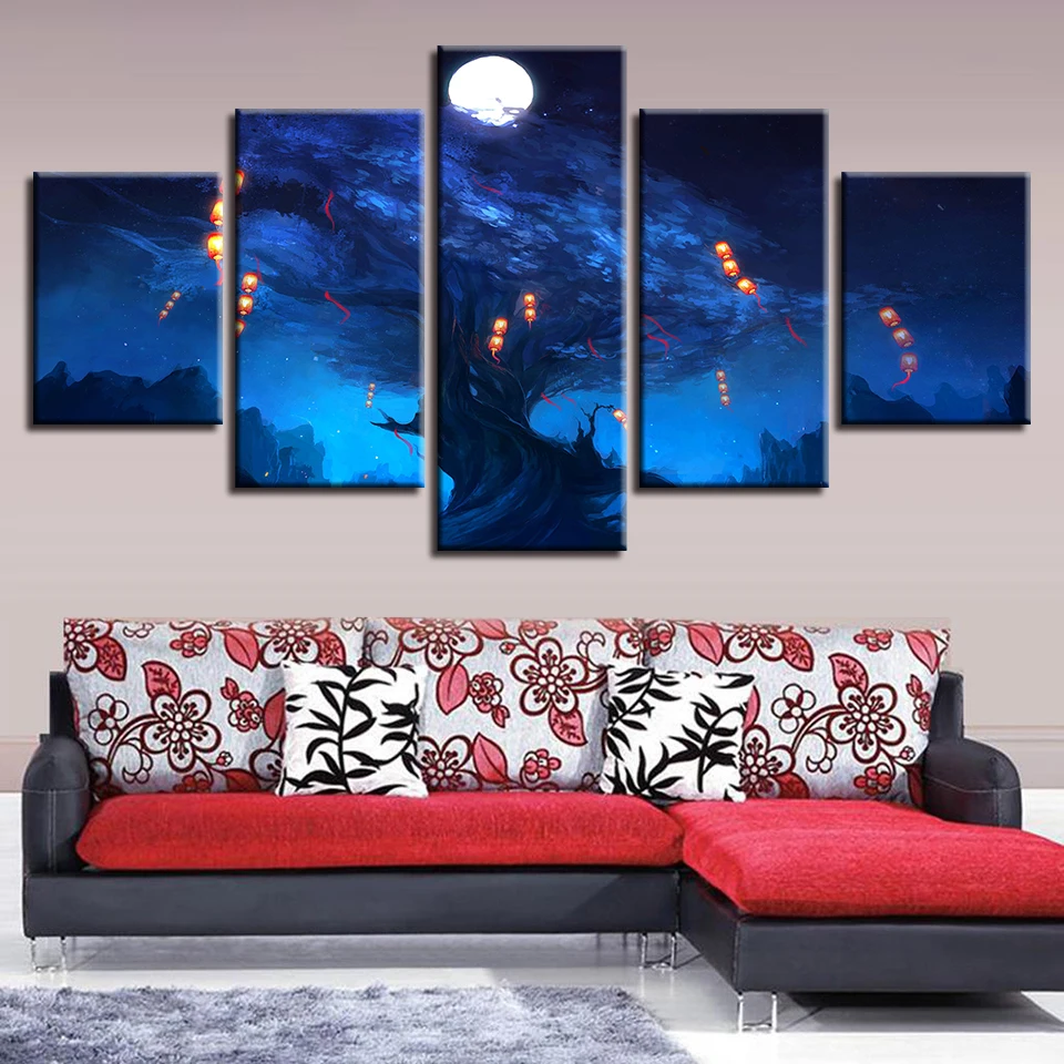 

Wall Art Canvas Poster Cuadros Decor 5 Pieces Night Rock Art Tree Lanterns Lights The Moon Paintings HD Prints Fantasy Pictures