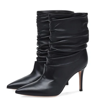 

Women Mid Boots 2020 Sheepskin Leather Pointed Toe Thin Heels Boots Sexy Women Fashion Pleated Stretch Autumn Boots TL-A0196