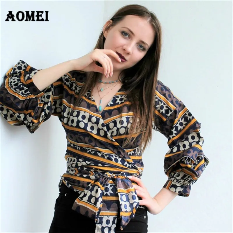 

Puff Sleeve Retro Print Peplum Tops for Women Wrap Blouse Shirts with Waist Belt Bowtie Summer Vacation Female Blusas Clothing