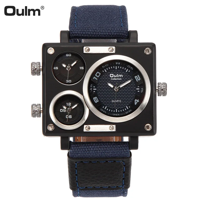 

Oulm Men Watch Fashion Sport Canvas Fabric Watch Rectangle Case Double Time Quartz Watches Men Military Wristwatches