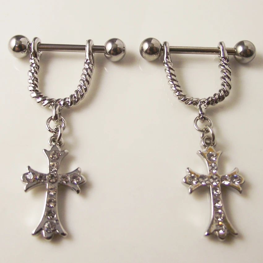 Religious Cross Nipple Ring Body Jewelry Barbell Sold as Pair Nipplerings 