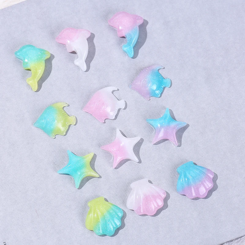 

12pcs Ocean series Charms Glitter Dolphin Shell Starfish Flatback Resin Cabochons for Jewelry DIY Gradient color