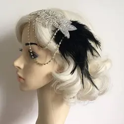 Ретро перо 1920 s головной убор Хлопушка цепь ободок для волос большая вычурная головная повязка для Ascot гонки женщин вечерние