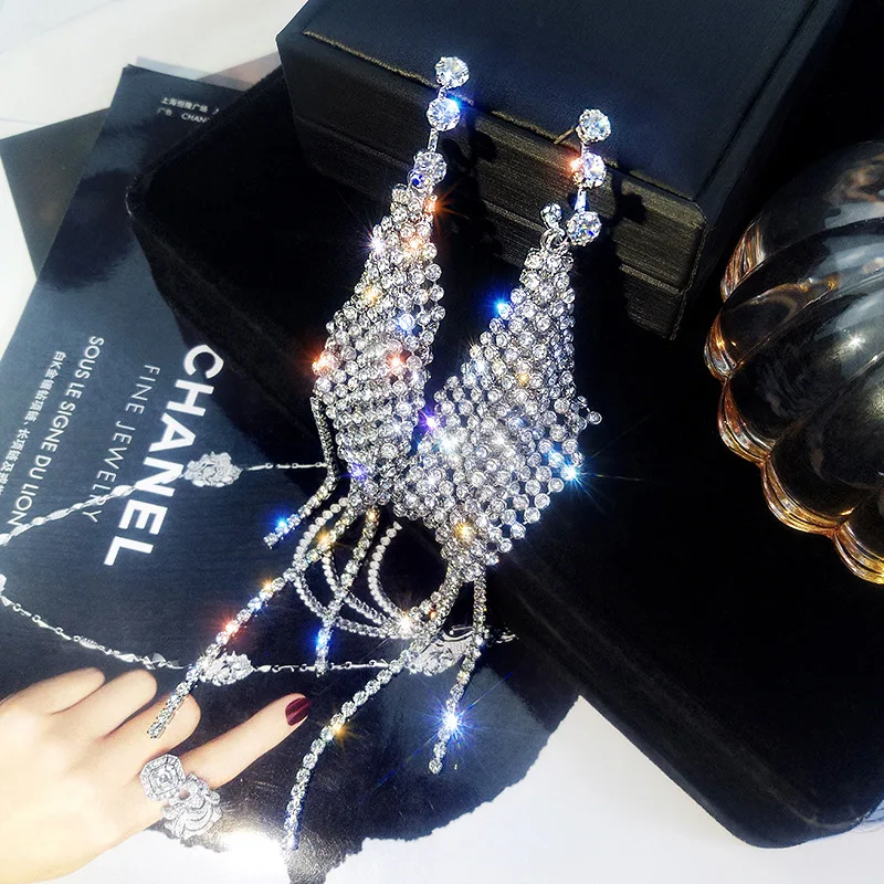 Long Tassel Crystal Drop Earring for Women Bijoux Shiny Silver Color Sequin Rhinestone Dangle Earrings Statement Jewelry | Украшения и