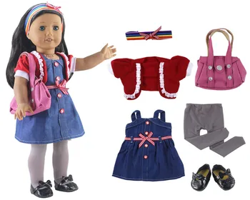 

New 1 set Leisure handmade dress clothes outfit Princess skirt for 18 inch merican Doll+Shoes+Tights+Bag