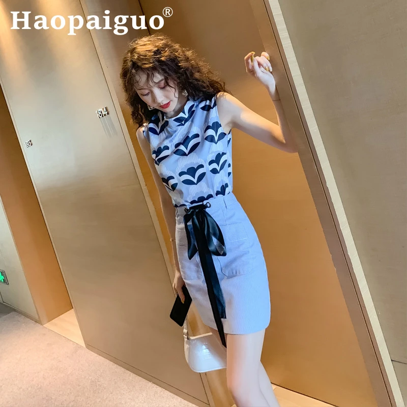 

Large Size Streetwear Casual Two Piece Set Sleeveless Print Blouse and Mini Wrap Skirt with Bow Women Summer Korean 2 Piece Set