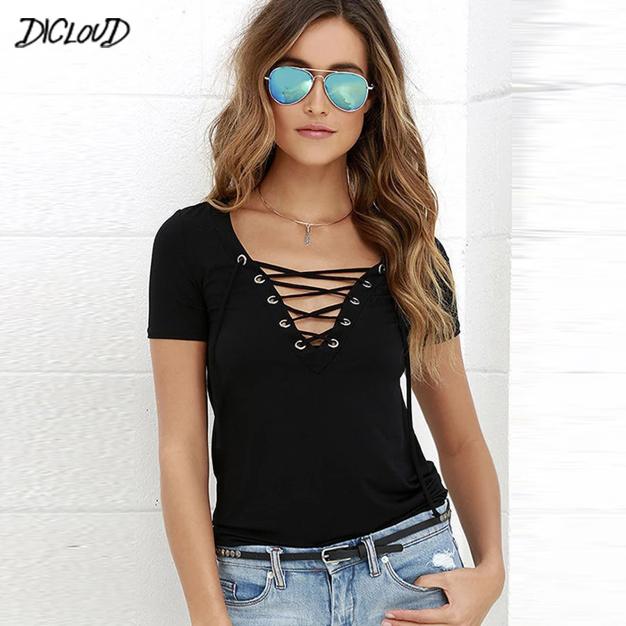 

DICLOUD Fashion V-Neck T-Shirt Women 2018 New Summer Black V-Neck Ladies' Tops Short Sleeve Lace Hollow Shirt Plus Size Tees