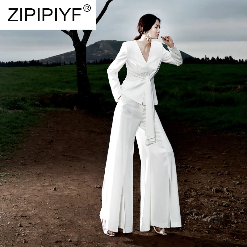 

Long-sleeved Slimming Tops 2019 New Summer High-end Women's Fashion V-Neck Blouse +High Waist Side Slit Pants OL Suit Sets C1736