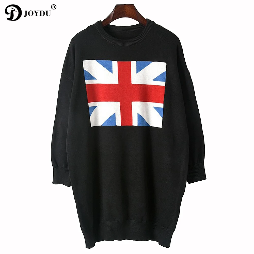 JOYDU vestidos Casual Dress 2018 New Winter Runway Design British Flag Pattern Knit Sweater Women Oversized Office | Женская одежда