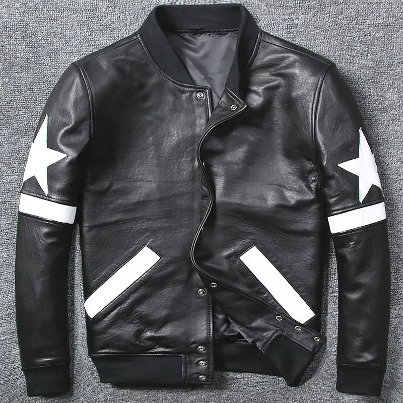 

New High Quality Sheepskin Genuine Leather Jacket Men Slim Patchwork Zipper Real Leather Coat Stand Collar 5XL Baseball Jacket