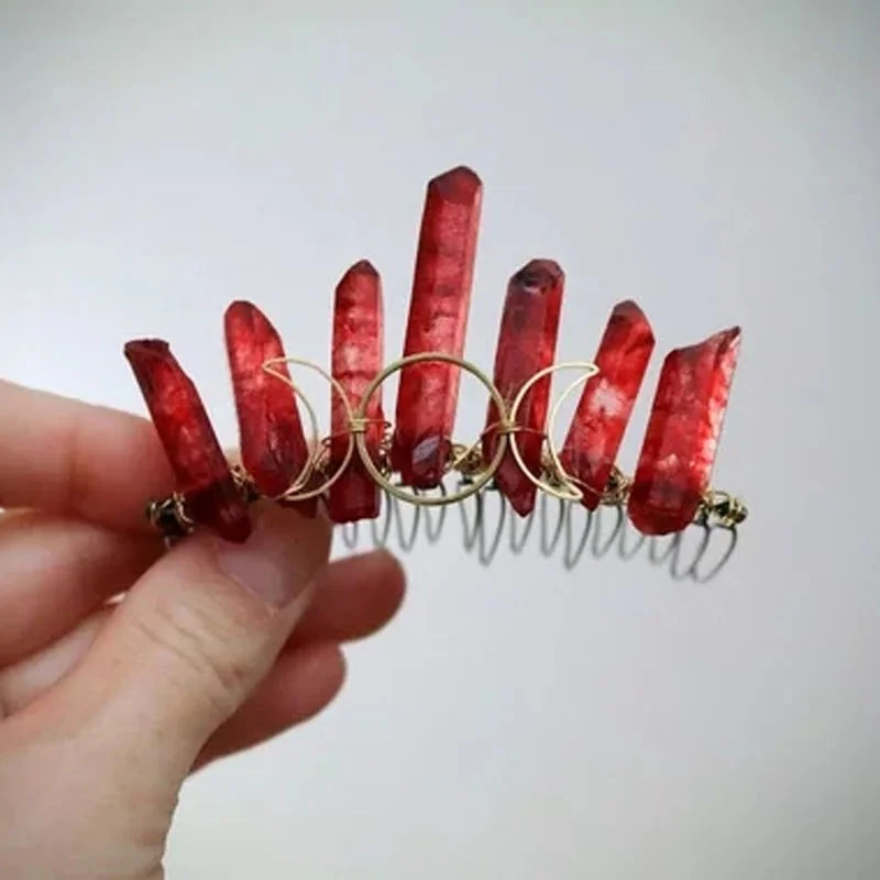 

Blood Moon Triple Moon and Blood Red Crystal Mini Crown, Quartz Point Accessory, Red Celestial Hair Piece, Witch Jewelrytheof