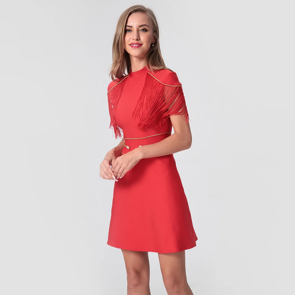 Hashupha-Elegant-Shoulder-Tassel-Turtleneck-Mini-Dress-Waist-Button-Embellished-Slim-A-Line-Women-Dress-Catwalk (2)