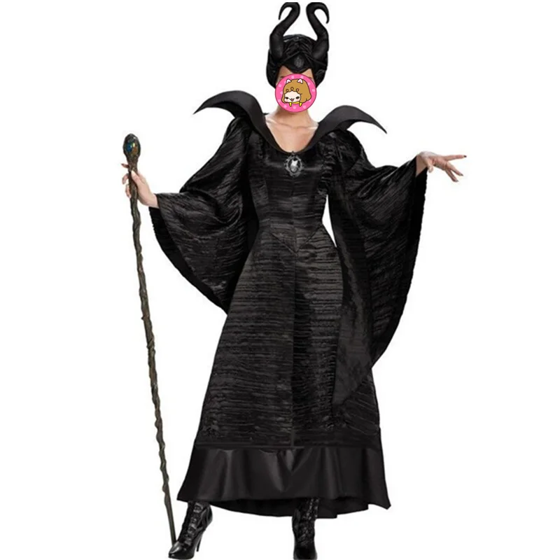 

New Adult Deluxe Black Gown Halloween Witch Costume Cosplay Fancy Dress Devil Costume Black Carnival Party Clothing Outfit