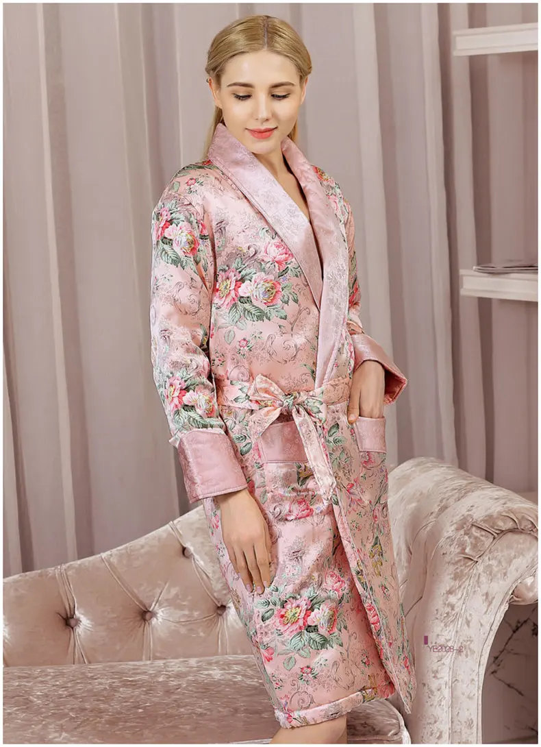 Высокое качество натуральный шелк спальный халат женские зимние утолщенные натуральные шелковые пижамы женские печатные с длинными