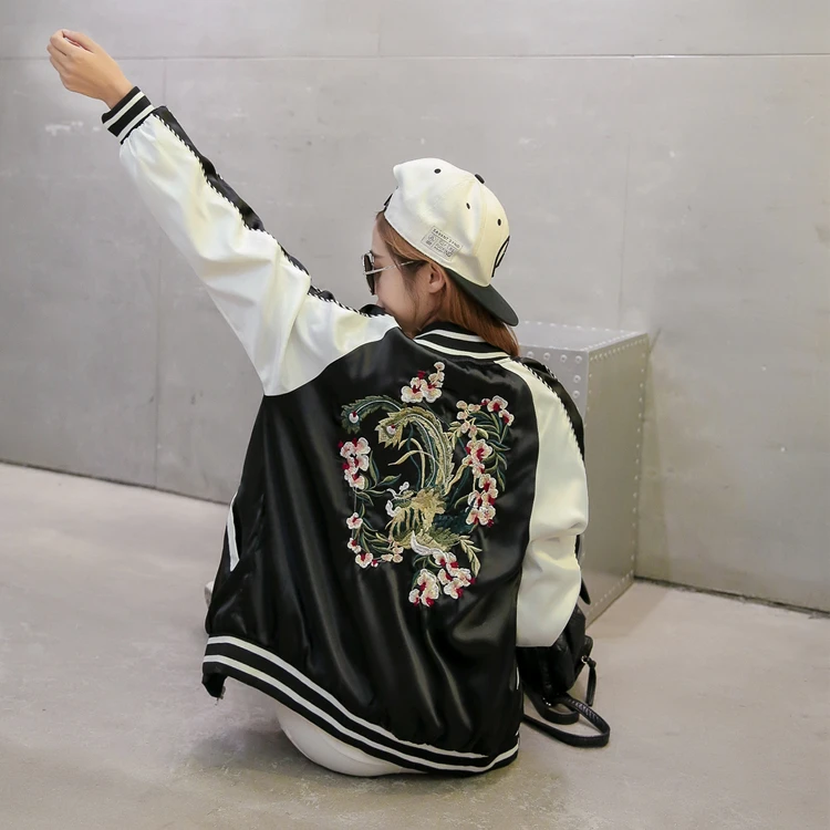 Bomber jacket women Basic Coat Sukajan Floral Embroidery Loose Baseball Coat Jacket Hip Hop Baseball Jacket