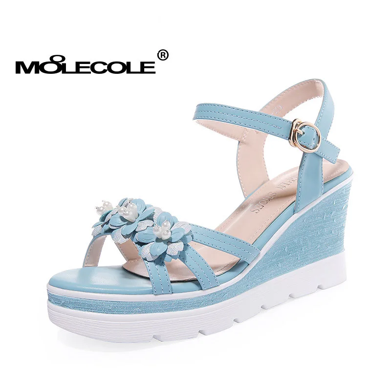 MOOLECOLE/женские летние босоножки на ремешке с пряжкой и цветами; женская обувь на танкетке; высота каблука 8,5 см; размеры EUR35-39; модель 70113 - Цвет: Небесно-голубой