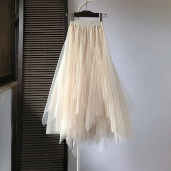 

Irregular Midi Long Tulle Skirt Women Summer Ladies Boho A-line High Waisted Mesh Skirts jupe tulle femme