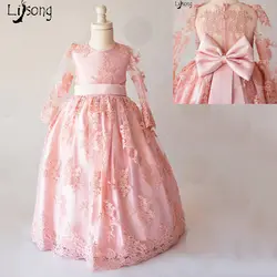 Модные Бледно-розовый аппликации Кружево с бантом сзади Прекрасное платье с цветочным узором для девочек индивидуальный заказ маленьких