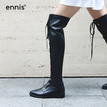 

ENNIS 2019 Women's Over-The-Knee Boots Pointed Toe Black Knee High Stretch Boots Fashion Autumn Ladies Flat Boots New Shoes L902