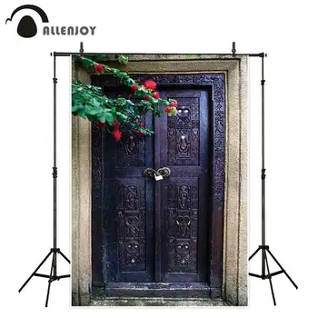 

Allenjoy backgrounds for photography studio Dark brown vintage intaglio European pattern door plant flowers backdrop wedding