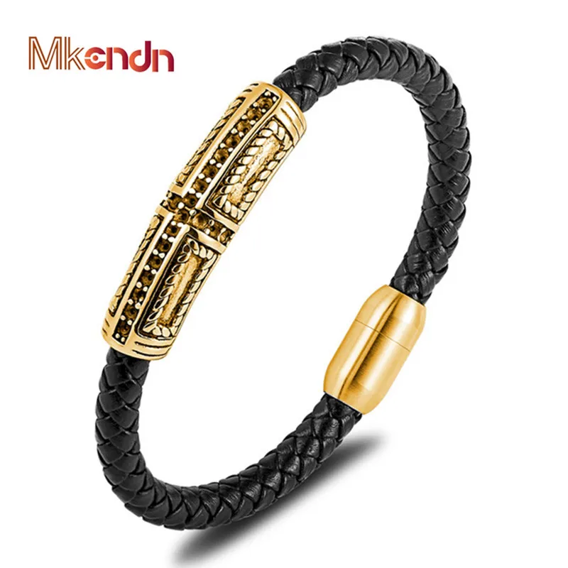 

MKENDN Fashion Genuine Braid Leather Bracelet for Men Women Jewelry Punk Stainless Steel Bangle Magnetic Clasp Gold Beads