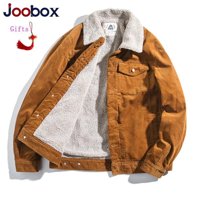 JOOBOX зимние мужские куртки модная повседневная Толстая теплая искусственная овечья шерсть на подкладке Trucker вельветовые куртки Верхняя