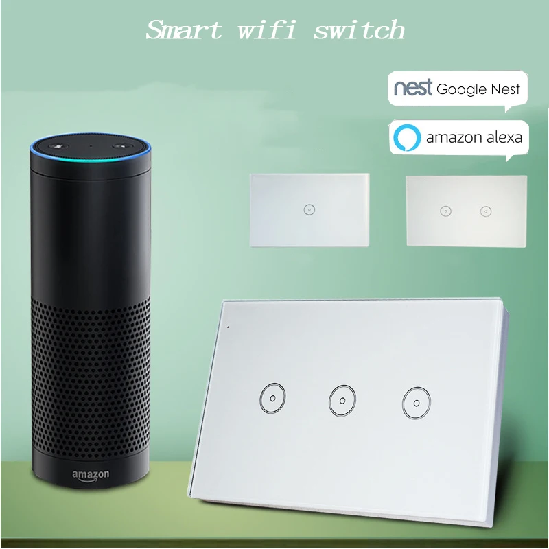 US WIFI Wall Light Switch, 1/2/3 Gang Glass Panel Touch Switch, APP Control Light Switch for Smart Home Work with Google&Alexa jinvoo app us type smart wifi switch 2 gang 1 way touch panel wireless remote wifi light switch works with alexa google home