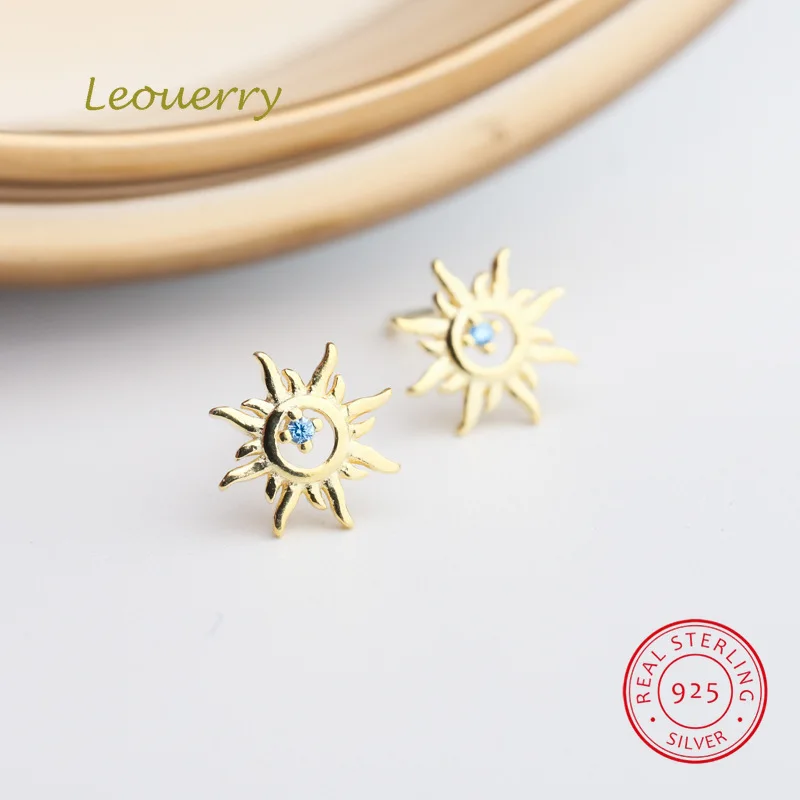 

Leouerry 925 Sterling Silver Hollow Sun Flower Stud Earrings for Women Korean Style Inlaid Blue Zirconia Unique Earring Jewelry