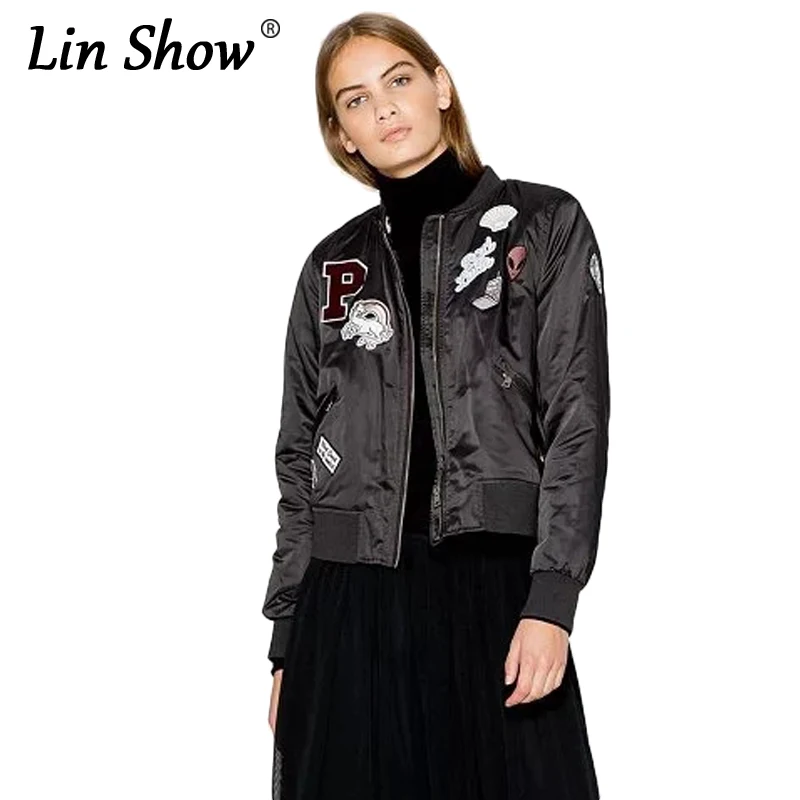 LINSHOW Cartoon Letter Black Embroidered Bomber Jacket