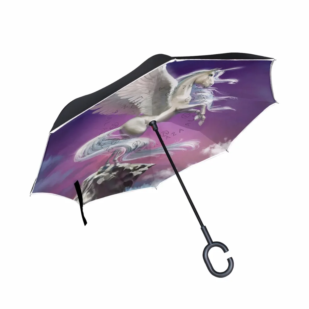 

C-Hook Self Stand Unicorn Folding Reverse Umbrella Double Layer Inverted Windproof Rain Car Umbrellas For Women