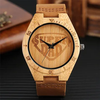 

Novel Men Bamboo Watch Super DAD Script Dial Analog Creative Wood Wristwatch Special Thanksgiving Fathers Dads Gift Wooden Clock